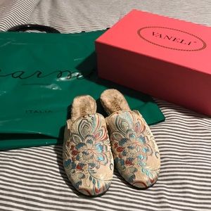 Brand new, never worn Van Eli embroidered slides